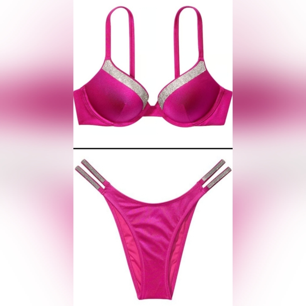 38D/XL Victoria's Secret Shine Trim Sexy Tee Bikini Top Brazilian Bikini Set